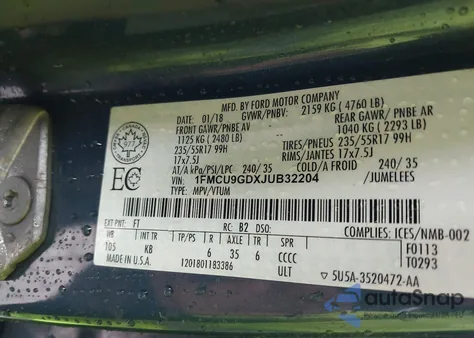 2018 Ford Escape Se from USA, damaged, VIN 1FMCU9GDXJUB32204